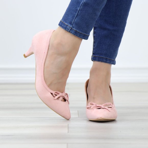 Pink Bow Vintage Style Pointed Toe Faux Suede Kitten Low Heel Shoes - Picture 11 of 13